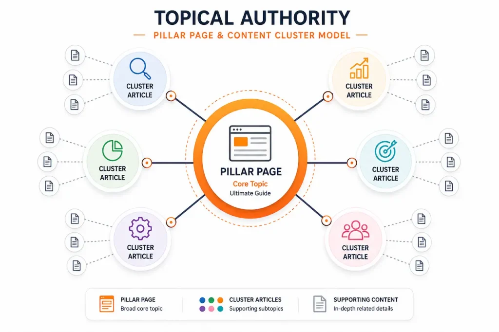 Diagram showing a pillar page linked to multiple content clusters and supporting articles to build topical authority in SEO.