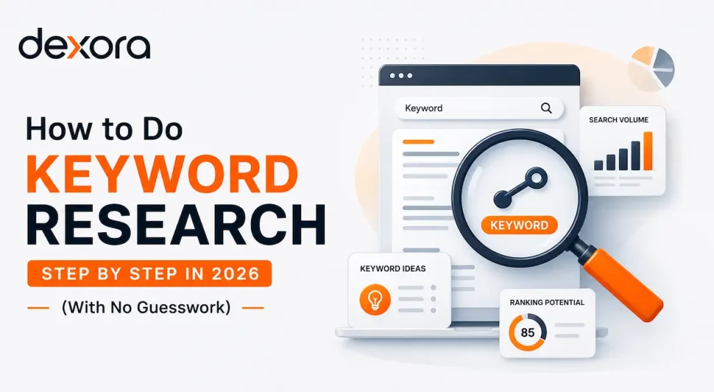 Keyword research illustration showing search analysis, keyword discovery, search volume, and SEO planning for 2026.