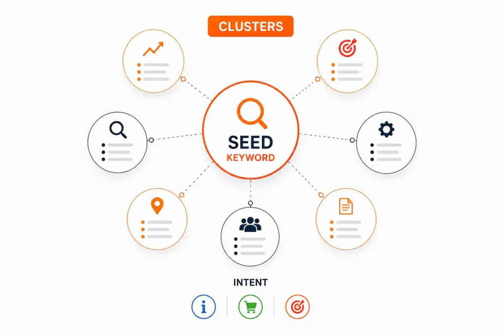 keyword research process 2026 showing volume difficulty and intent
