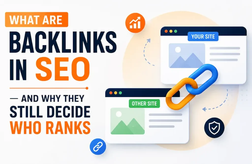 Backlink SEO illustration showing two websites connected by links to pass authority, trust, and ranking signals.