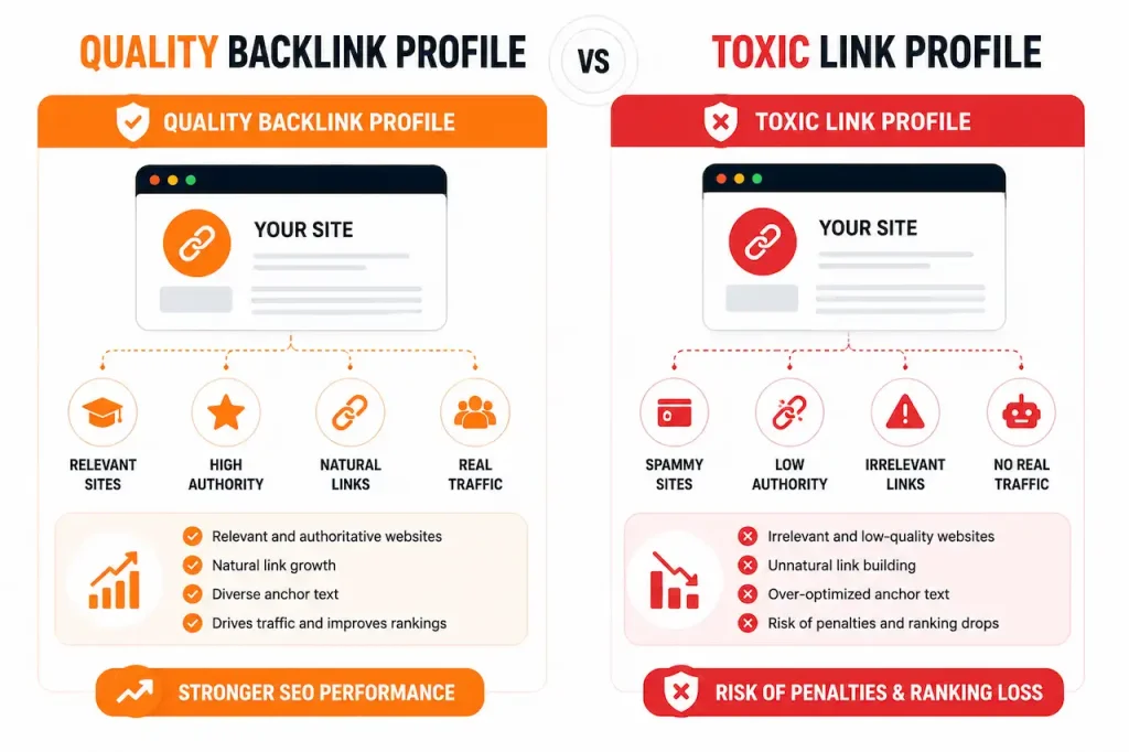 Comparison of quality backlinks and toxic links showing their impact on website authority, trust, and SEO rankings.