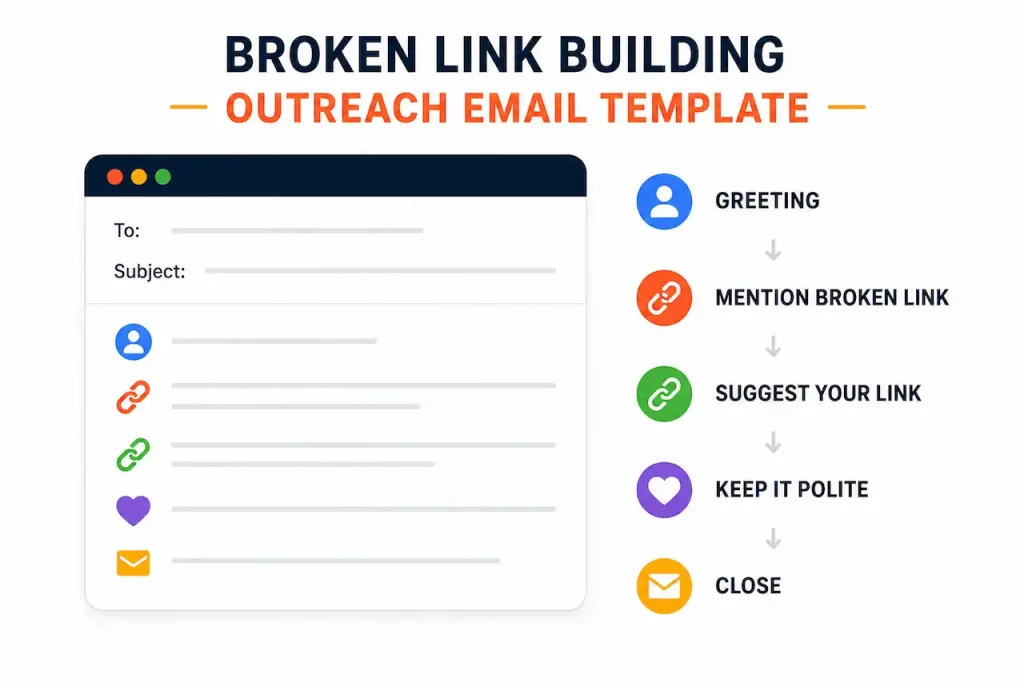 Minimal diagram showing the broken link building outreach process from identifying a broken link to earning a quality backlink.