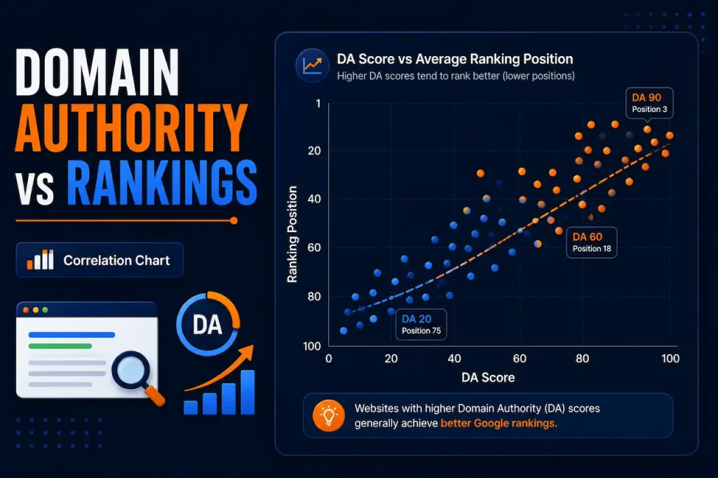 Scatter plot showing the relationship between Domain Authority scores and average Google ranking positions across websites.