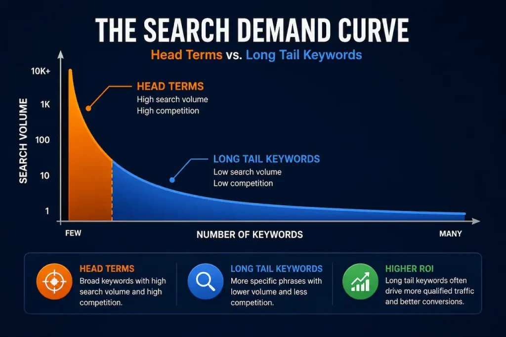 Search demand curve illustrating high-volume head terms and lower-volume long-tail keywords across SEO search demand distribution.