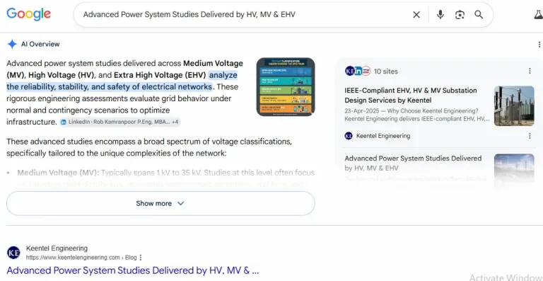Google AI Overview citing Keentel Engineering for power system studies