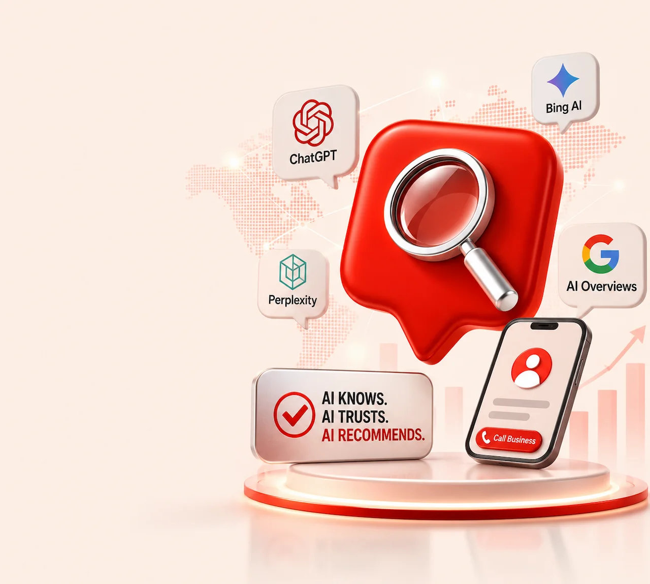 AI search and business recommendation illustration featuring ChatGPT, Google AI, Perplexity, and a call-to-business concept.