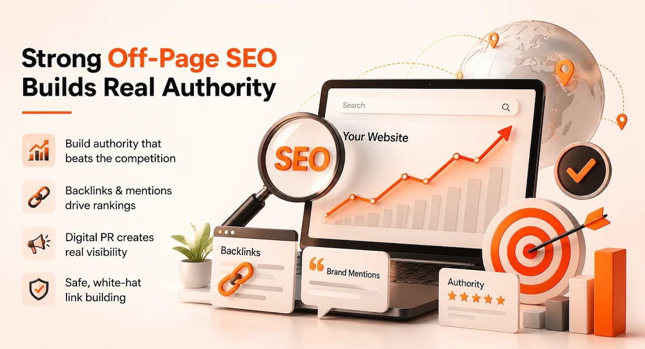 Off-page SEO illustration showing backlinks, digital PR, brand mentions, third-party citations, and authority building strategies that improve search rankings and organic visibility.