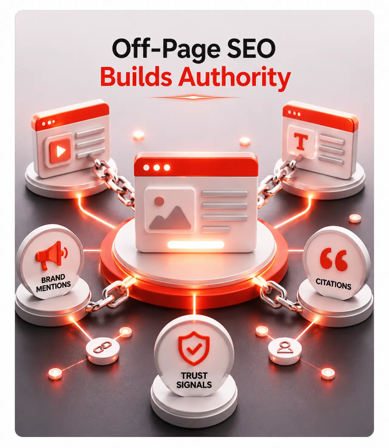 Off-page SEO concept showing backlinks, citations, and authority signals connected to a central website hub.