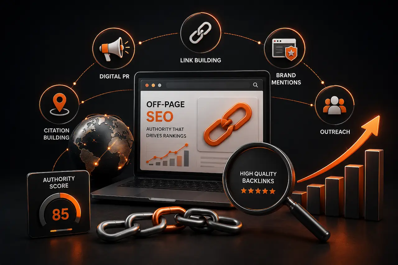Off-page SEO illustration featuring link building, citation management, digital PR, brand authority, and ranking growth.