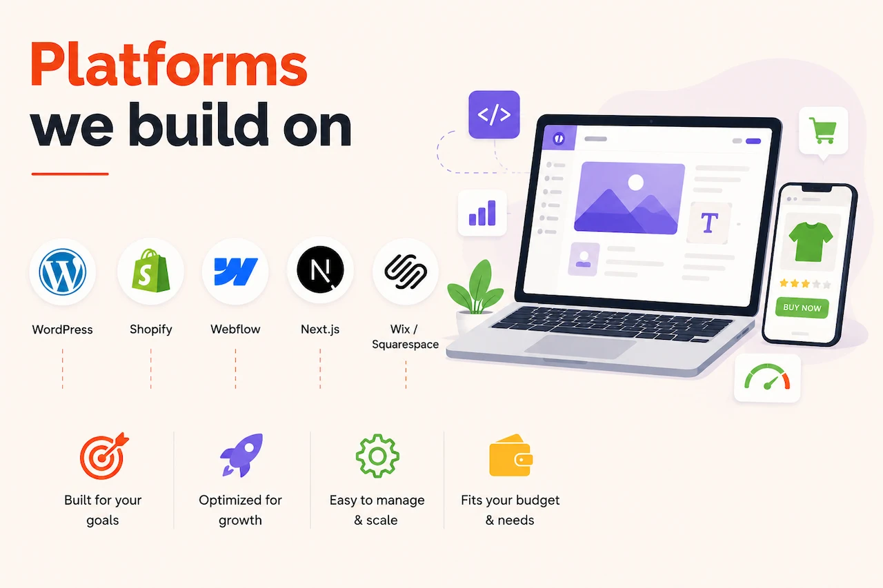 Platforms we build on including WordPress, Shopify, Webflow, Next.js, Wix, and Squarespace with website development illustrations, performance optimization icons, and scalable business solutions.