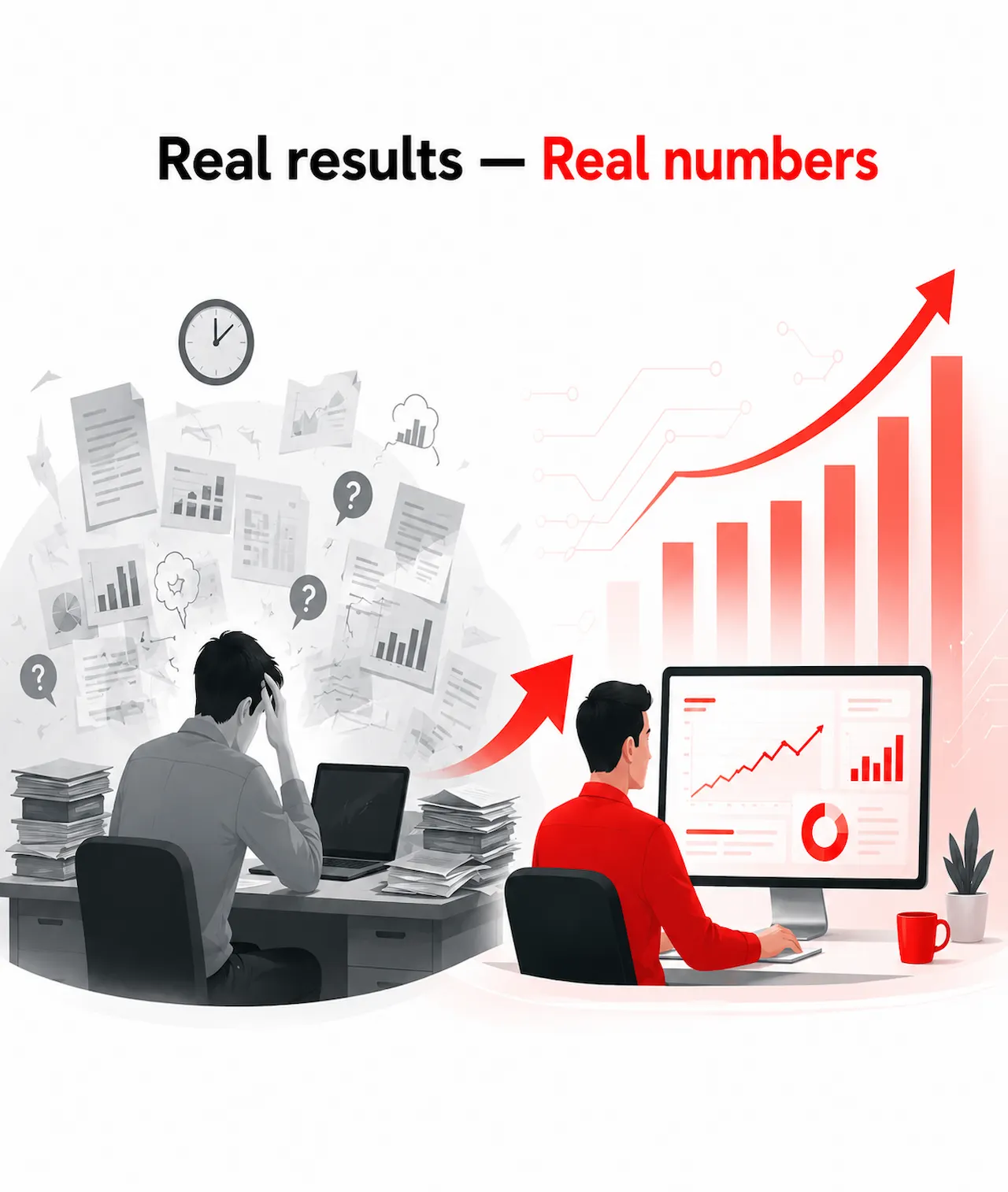 Before and after AI search growth with rising analytics and business success.