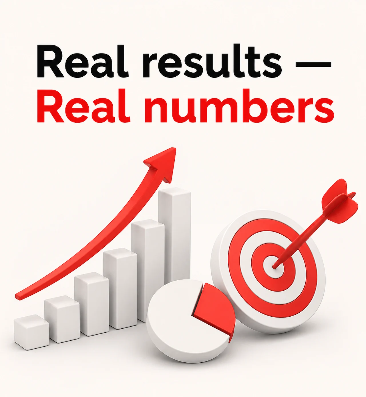 Real Results Real Numbers SEO growth illustration with analytics chart and target icon.