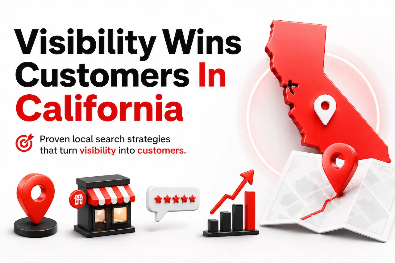 California SEO graphic showing ranking growth, map visibility, and customer acquisition.