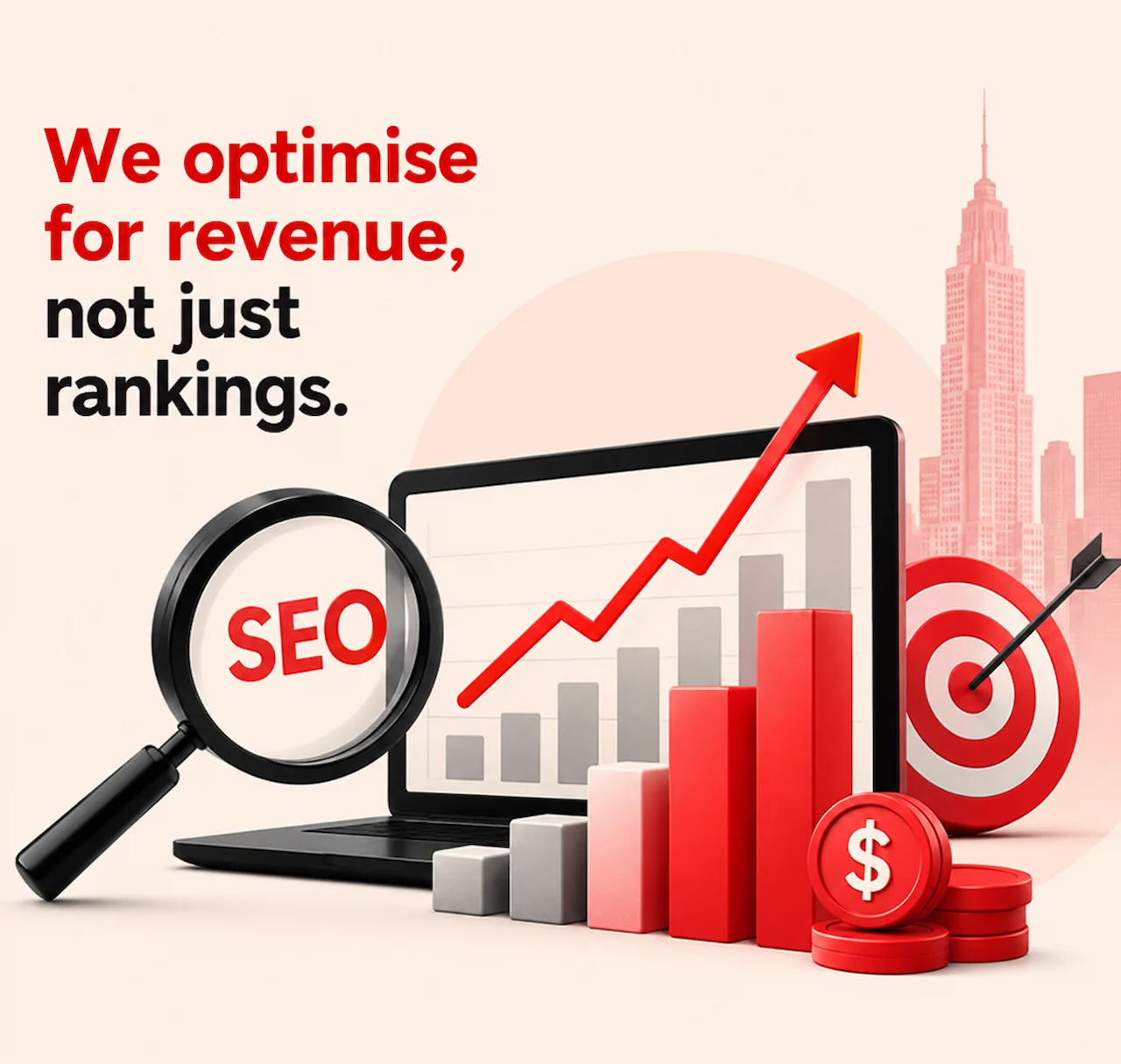SEO growth concept showing revenue-focused optimization with rising charts, SEO magnifier, and business growth icons in red and black theme