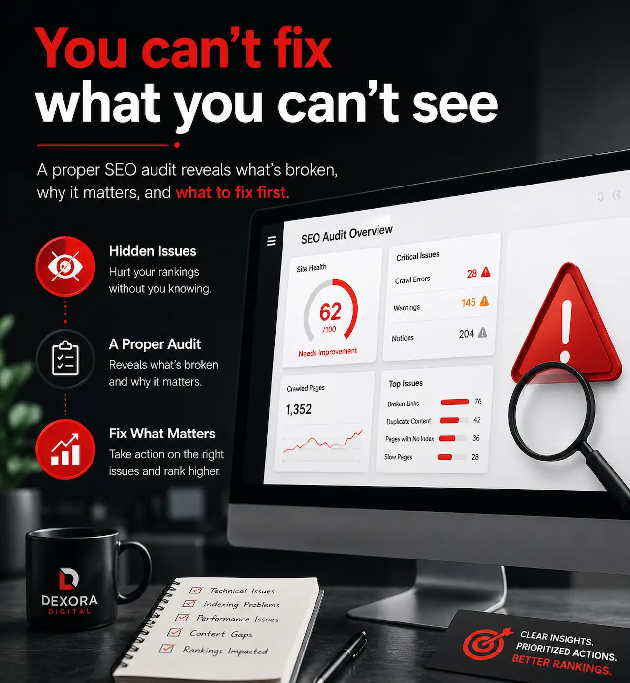 Professional SEO audit dashboard highlighting technical issues and ranking opportunities