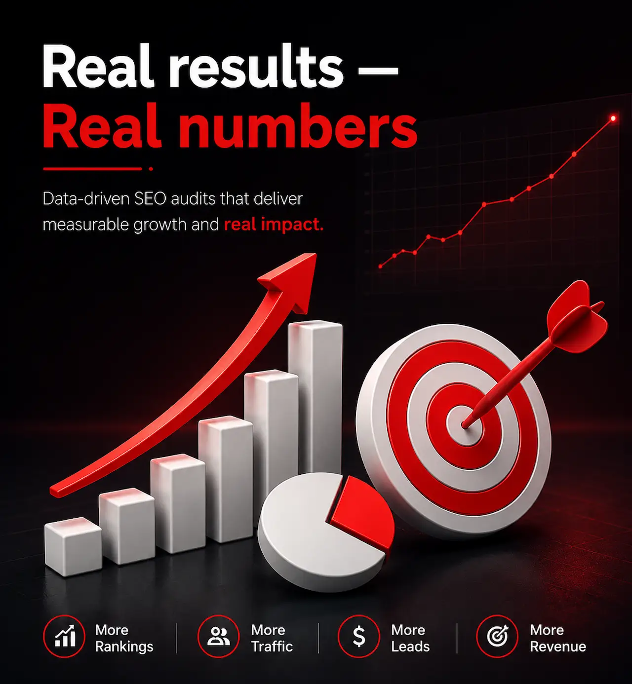 Real Results Real Numbers SEO growth illustration with analytics chart and target icon.