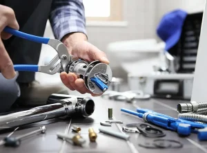 Professional plumber repairing a bathroom drain assembly with specialized tools and plumbing components on a tiled floor during a maintenance service.