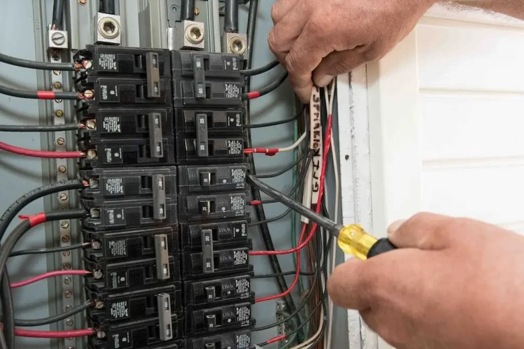 Electrician repairing a circuit breaker panel and inspecting electrical wiring.