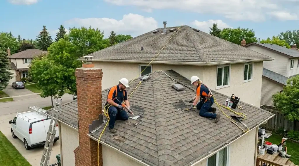 Roofing contractors repairing a residential roof with safety gear on a suburban home.