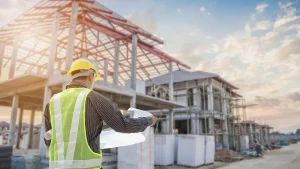 General contractor reviewing construction plans at a commercial building project site.