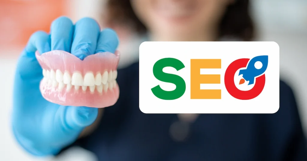 Dental SEO concept showing a dental model held by a gloved hand beside an SEO graphic, representing online growth for dental practices.