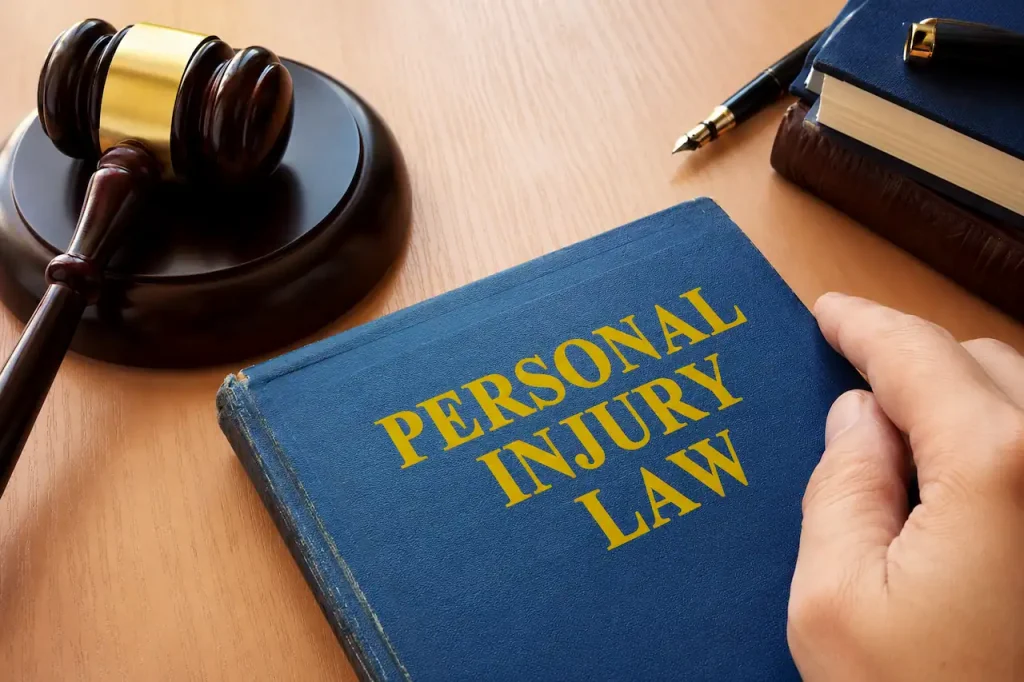 Personal injury law book with a judge’s gavel, legal documents, and office desk accessories, representing legal services and case representation