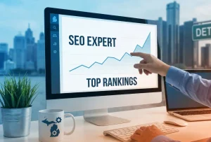 SEO expert reviewing a search ranking growth chart on a desktop monitor in a modern office with city skyline views.