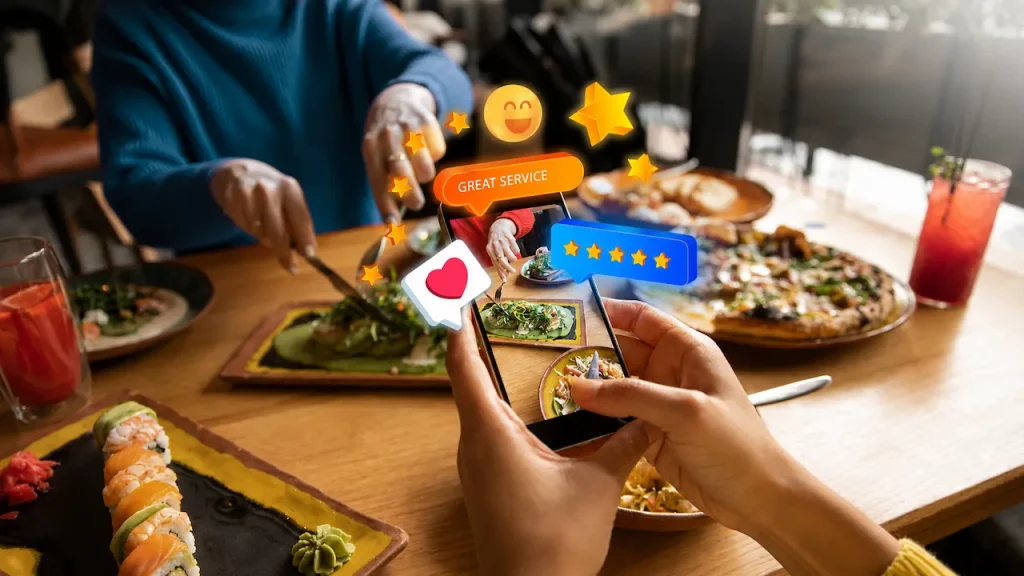 Customer taking a food photo at a restaurant with online reviews, ratings, and local SEO engagement icons displayed.