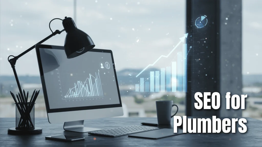 SEO for plumbers concept showing a digital marketing dashboard with growth charts and website performance analytics.