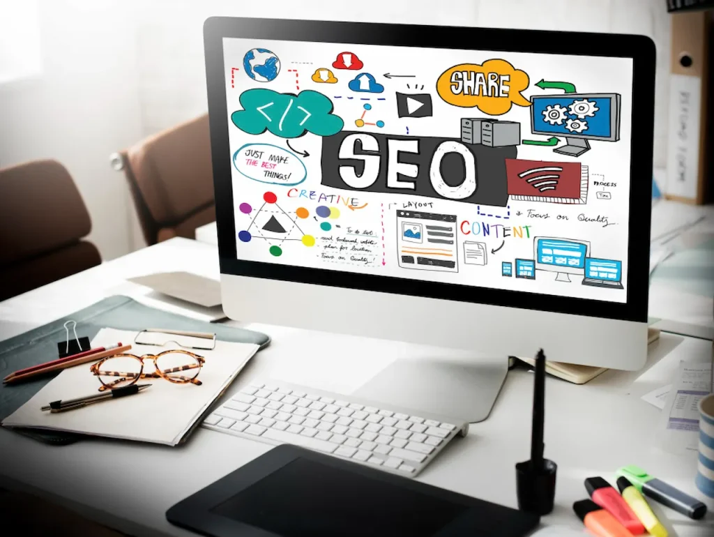 SEO strategy illustration displayed on a desktop monitor featuring content marketing, website optimization, and analytics.