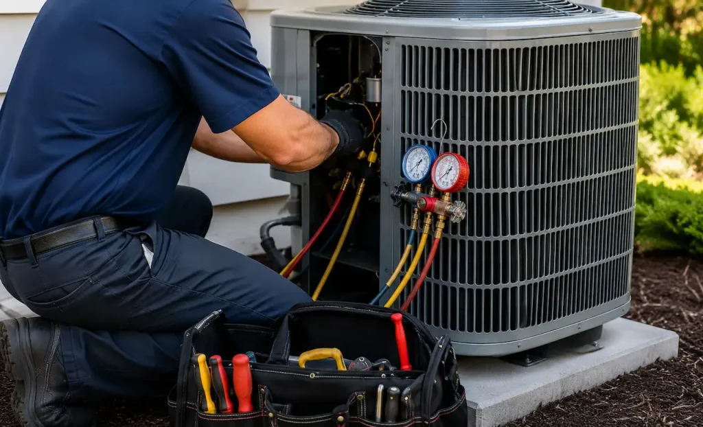 HVAC technician servicing an outdoor air conditioning unit with professional tools and diagnostic gauges.