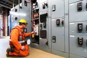 Professional electrician inspecting industrial electrical panels and control systems in a New York facility.
