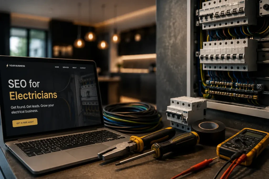 SEO for electricians website displayed on a laptop beside electrical tools, wiring, and a control panel setup.