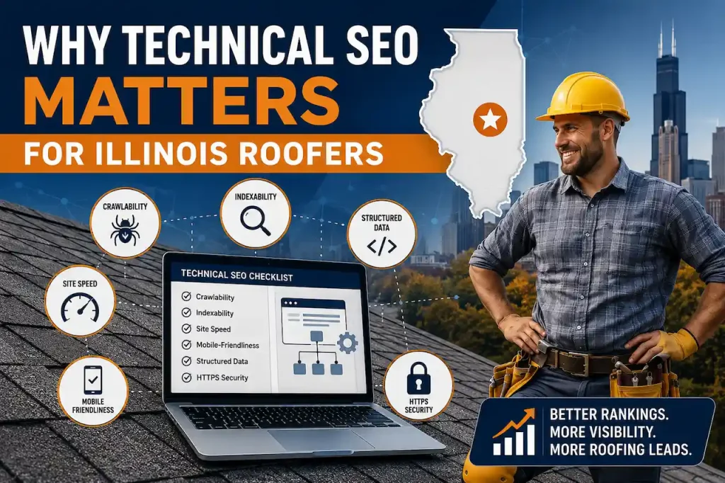 Roofing SEO marketing concept featuring a roofing contractor, local search growth, maps, and lead generation graphics.