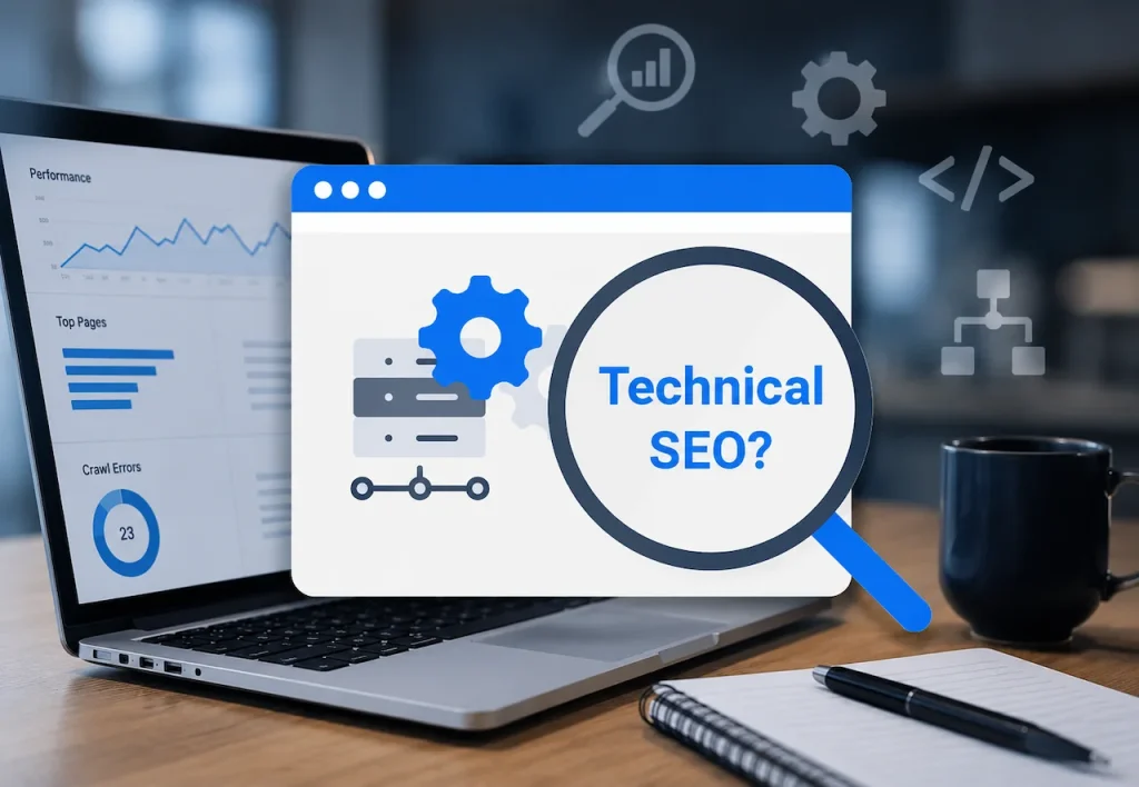Technical SEO concept featuring website optimization, analytics dashboard, crawl monitoring, and search performance tools.