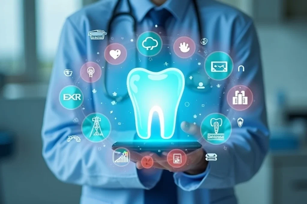 Digital dentistry concept featuring a virtual tooth model, dental technology icons, and modern patient care tools.