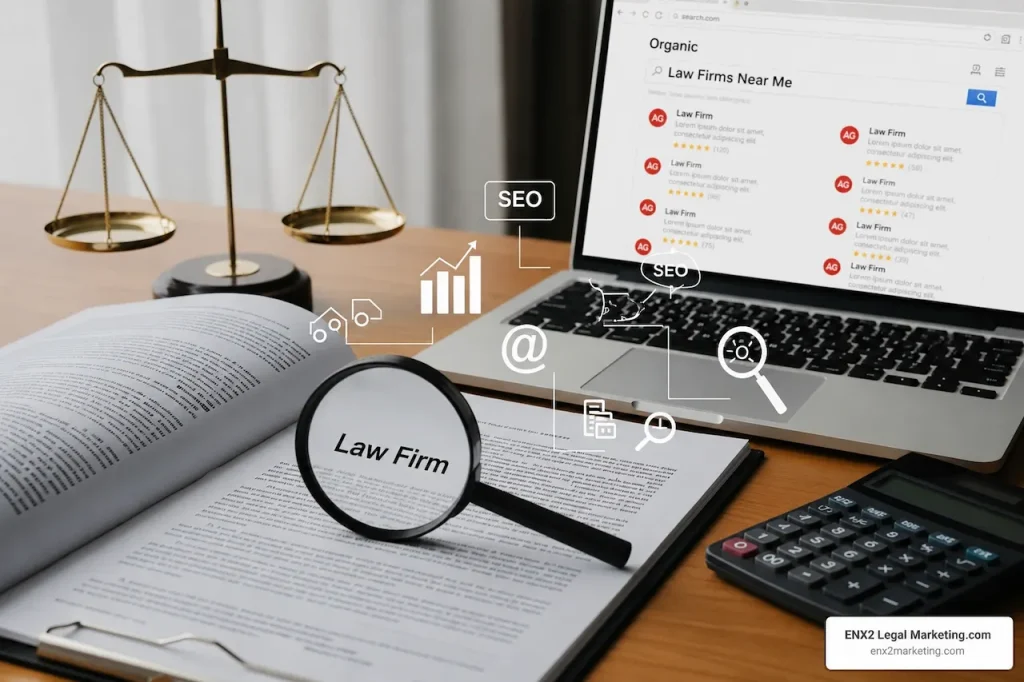 Law firm SEO concept featuring legal documents, search rankings, scales of justice, and digital marketing elements.