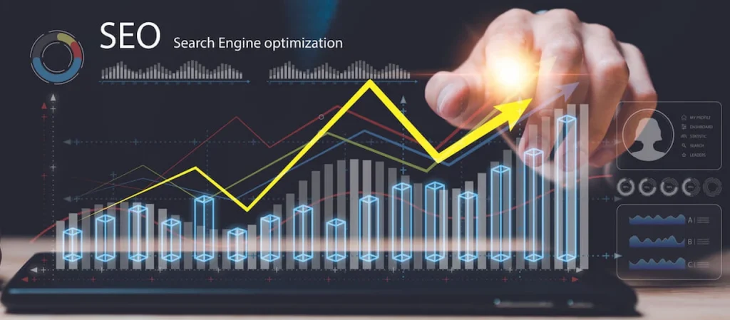 SEO performance dashboard with ranking growth charts and analytics.