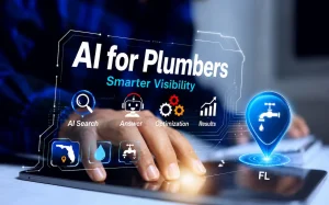 AI search optimization dashboard for Florida plumbers displaying answer engine optimization (AEO), AI search tools, search visibility, and local business optimization.