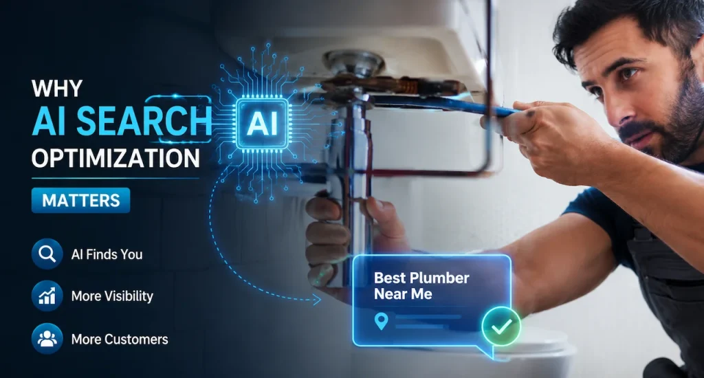 AI search optimization for Florida plumbers showing a professional plumber, AI technology, local search visibility, and improved online customer discovery.