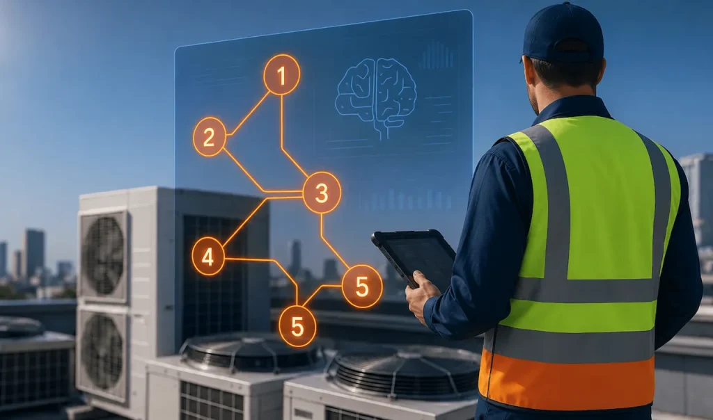 HVAC technician using a tablet on a rooftop with AI-powered HVAC monitoring dashboard.