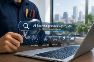 AI Search Optimization (GEO/AEO) for electricians displayed on a digital search interface above a laptop, highlighting local SEO, reviews, electrical services, and search rankings.