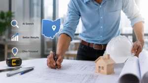 General contractor reviewing building plans with AI search optimization and Ohio-focused digital marketing elements.