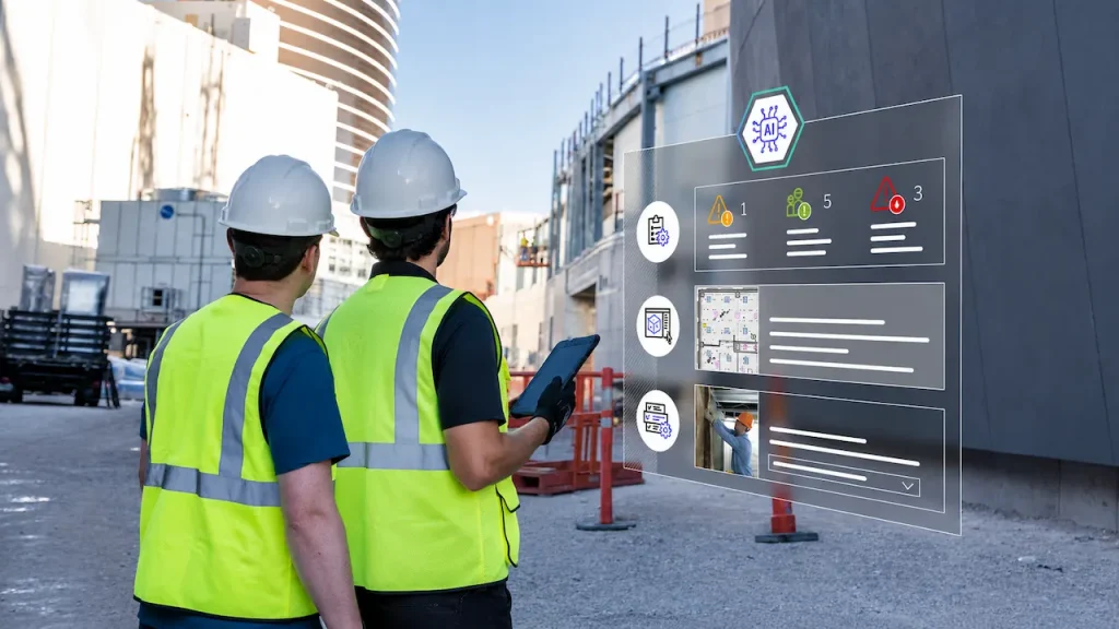 Construction workers reviewing a digital AI-powered project management dashboard at a construction site using a tablet.