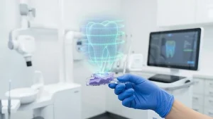 Dentist holding a dental impression with a 3D digital tooth model displayed in a modern dental clinic.