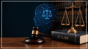 AI Search Optimization (GEO/AEO) for law firms in Michigan featuring legal scales, a gavel, and AI-powered legal technology concepts.