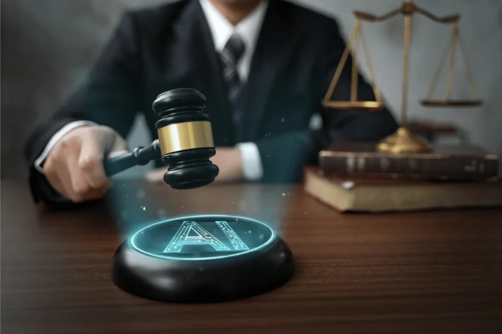 Judge's gavel above an AI symbol with legal scales in the background, representing AI technology in the legal industry.