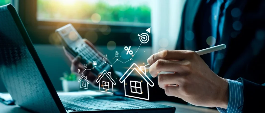 Real estate professional analyzing property market trends and investment opportunities using digital tools and housing data.