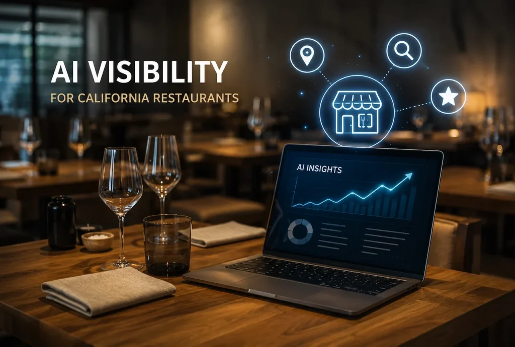 AI visibility and local search optimization for California restaurants featuring a digital analytics dashboard in a modern restaurant setting.
