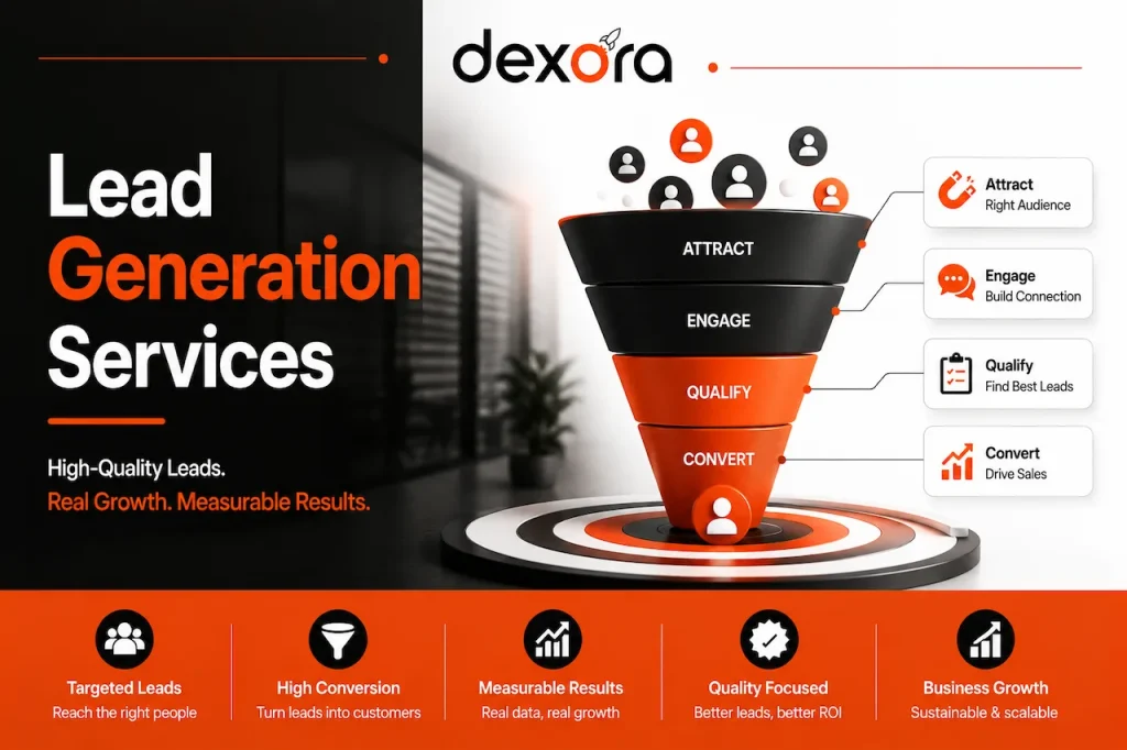 Dexora lead generation services banner featuring a sales funnel, targeted leads, conversion optimization, and business growth.